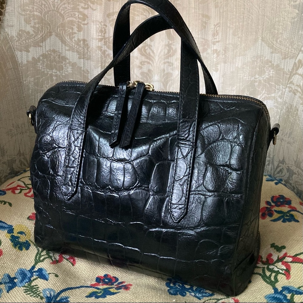 Fossil Sydney Satchel Original Handbag Black Croc Embossed Leather